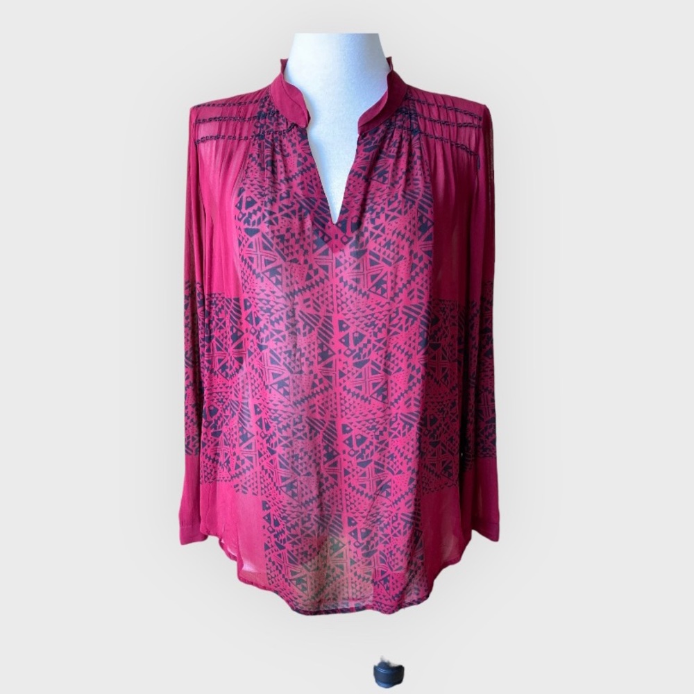Lucky Brand long sleeves, red - black blouse chiffon XL,